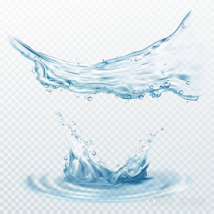 透明的水溅,滴上孤立的透明背景.矢量图 eps10