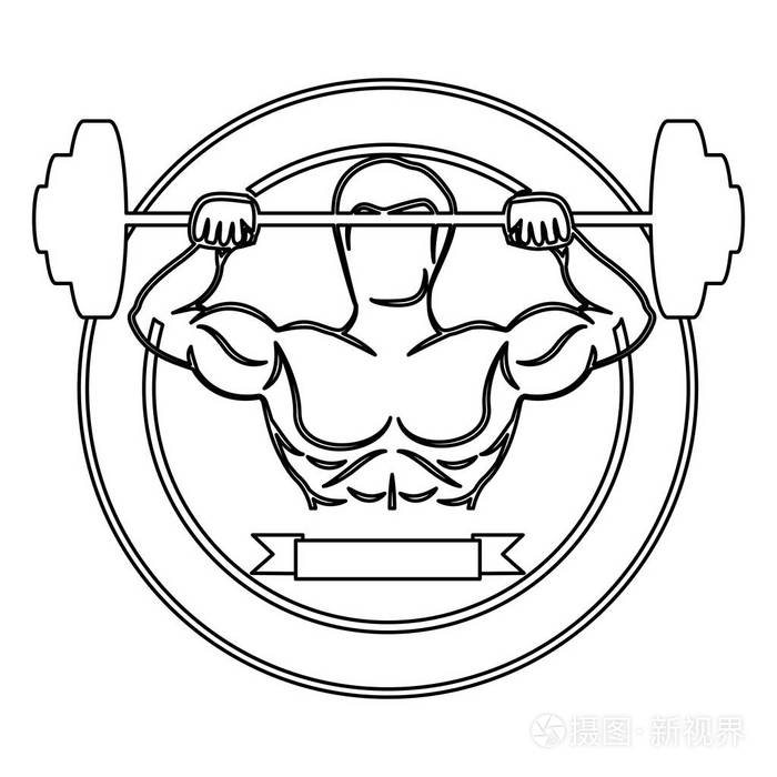 圆形边界轮廓与肌肉健壮的男子举重光盘并贴上标签插画-正版商用图片