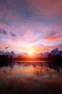 与颜色云在湖上的夕阳的天空