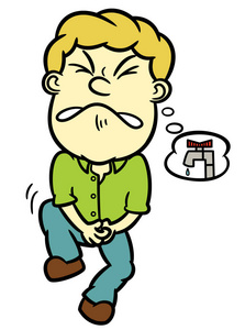 男人需要尿尿卡通插图上白色孤立照片