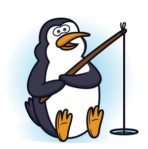上白孤立的企鹅钓鱼卡通插图