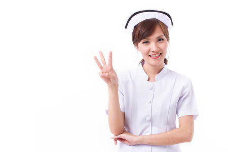 3 手指向上指的快乐亚洲护士