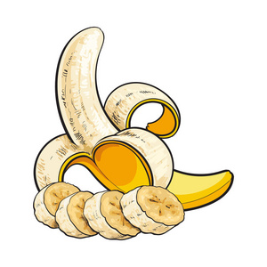 成熟的香蕉开放，去皮和切片砍成碎片