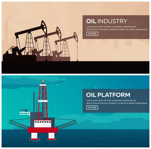 石油平台。海。塔石油勘探。矢量平面插画
