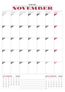 2018 年的日历计划模板。11 月。文具设计业务。每周星期一开始。在页面上的 3 个月。矢量图