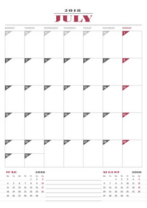 2018 年的日历计划模板。7 月。文具设计业务。每周星期一开始。在页面上的 3 个月。矢量图