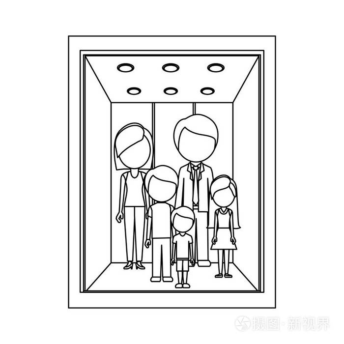 单色轮廓与家人在电梯里插画-正版商用图片0x410i-摄图新视界