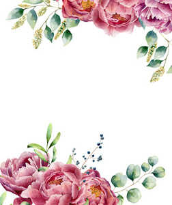水彩花卉卡分离在白色背景上。复古风格铭文设置用桉树枝 牡丹 浆果 绿化和树叶。花手绘设计