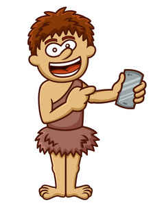 史前人类与手机卡通插图