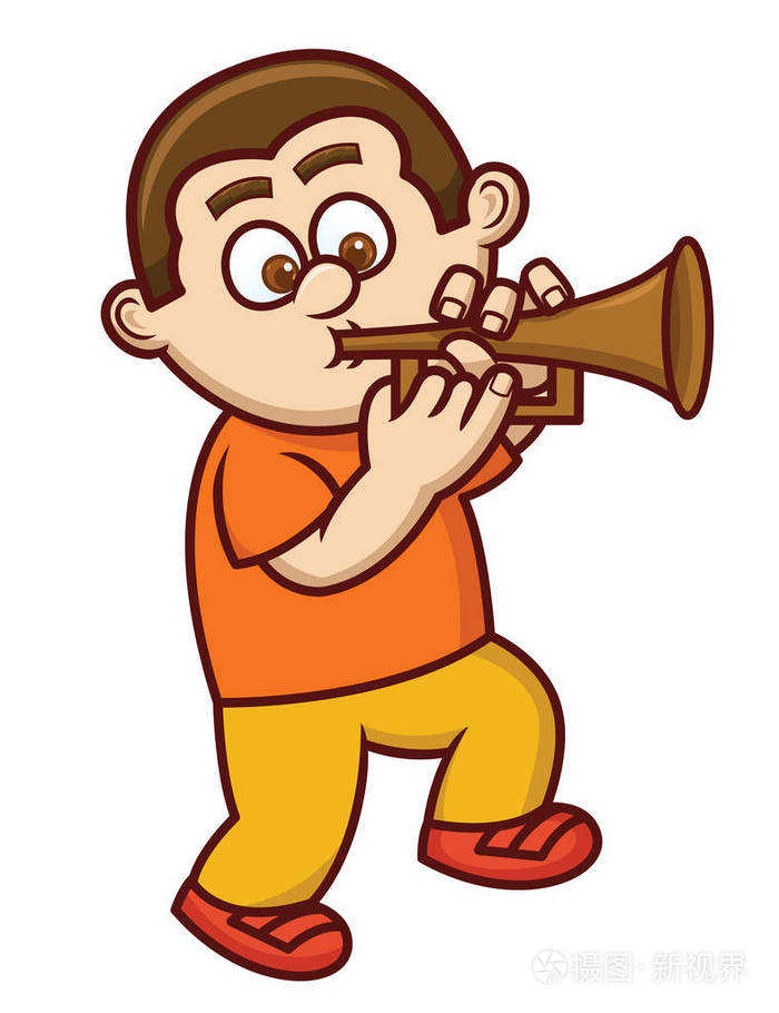 男孩玩上白色孤立的小号卡通插图