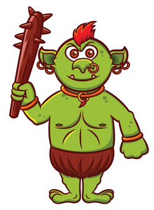 巨魔与上白色孤立的俱乐部武器卡通人物照片