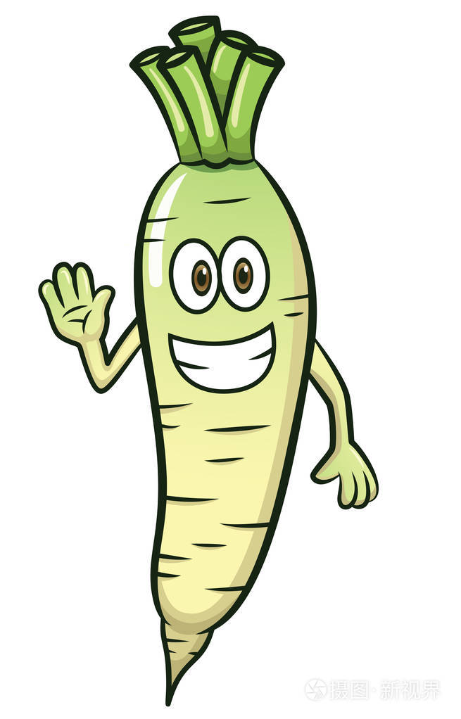 白萝卜或白萝卜卡通人物上白色孤立