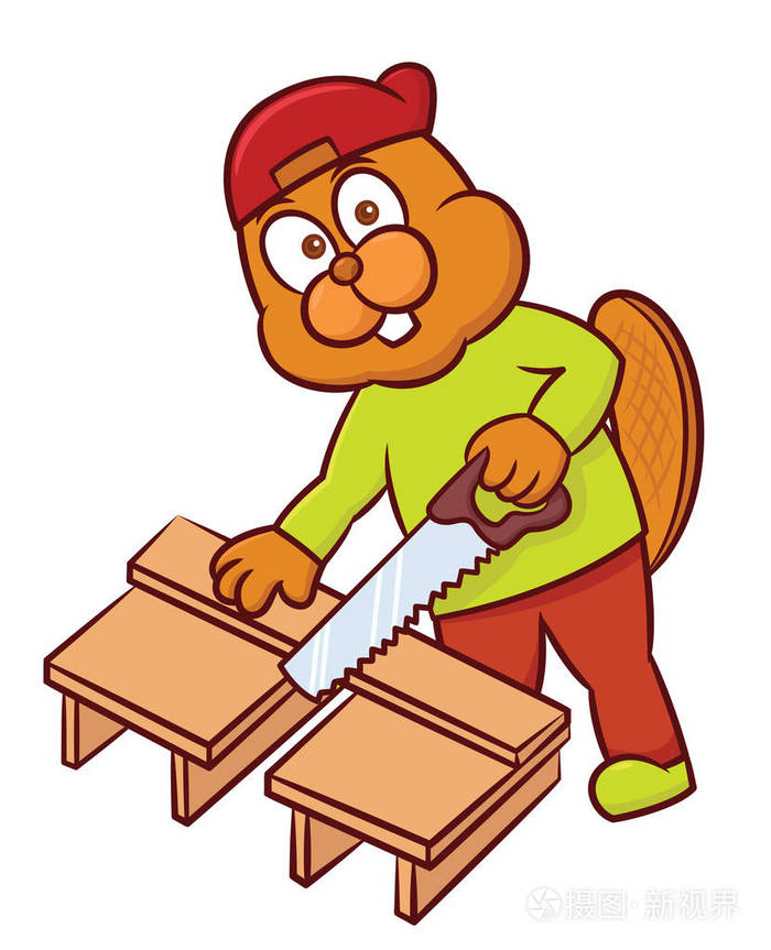 海狸的工匠切割木板用一只手看到卡通插图上白色孤立
