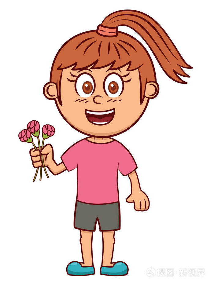 孤立在白色的花朵卡通人物的小女孩插画-正版商用图片0x4c1j-摄图新