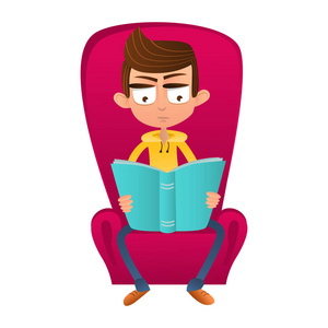 聪明的男孩坐在一把椅子和阅读本书卡通风格