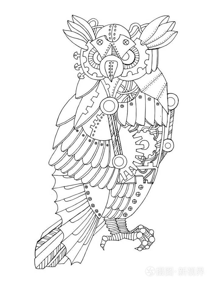 蒸汽朋克风格猫头鹰着色书矢量插画-正版商用图片0x4ifw-摄图新视界