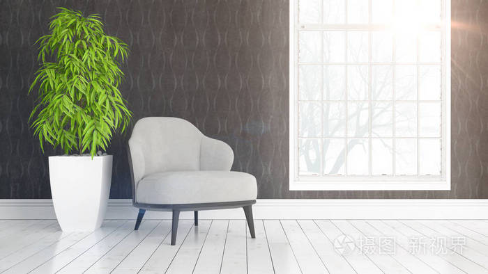 现代明亮室内与大窗口3d渲染