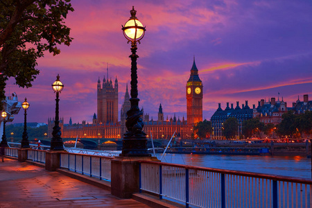 伦敦夕阳天际线 Bigben 和泰晤士河