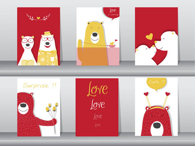可爱的小动物海报，情人节那天，模板 卡片 熊 矢量插图设计一套