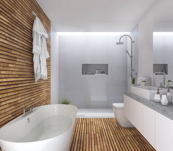 好的设计的 3d 渲染实木现代浴室