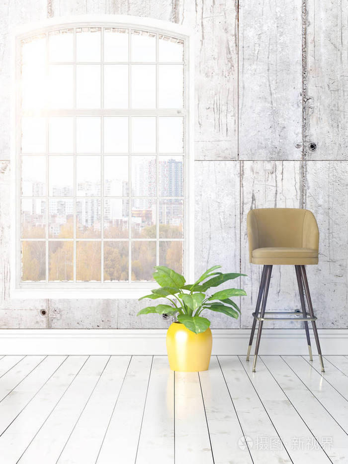 现代明亮室内与大窗口3d渲染