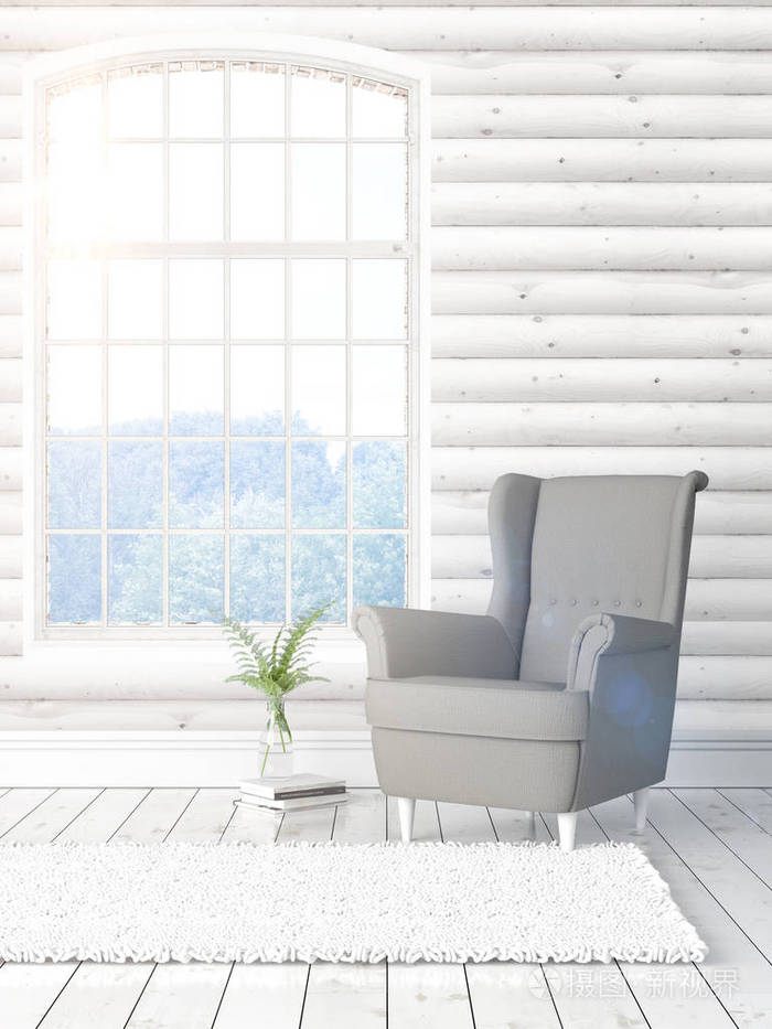 现代明亮室内与大窗口3d渲染