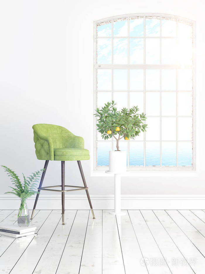 现代明亮室内与大窗口3d渲染