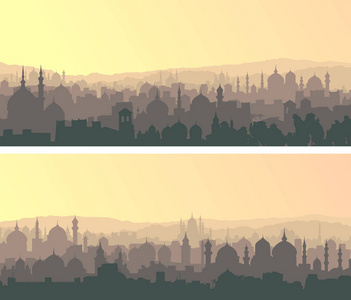 大的穆斯林城市，在日落时的水平宽横幅