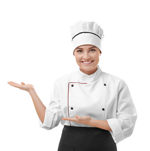 年轻的女厨师孤立在白色背景上的肖像
