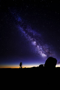 天文摄影师在沙漠景观与银河系的视图