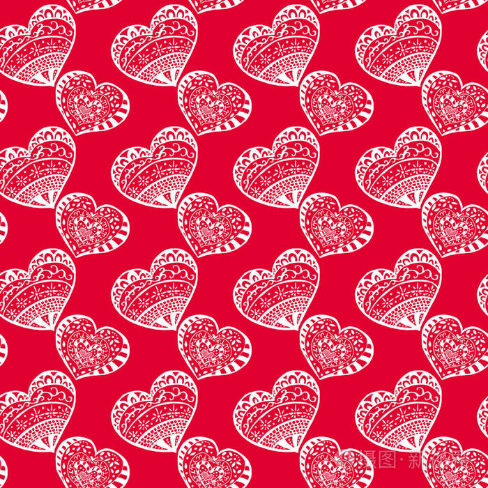 矢量手绘线红色和白色的心无缝 zentangle 模式和背景