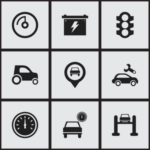 9 可编辑运输图标集。包括交通信号灯 速度显示 汽车修复等符号。可用于 Web 移动 Ui 和数据图表设计