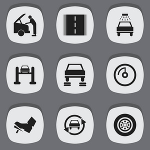 9 可编辑车辆图标集。包括公路 汽车服务 速度显示等符号。可用于 Web 移动 Ui 和数据图表设计