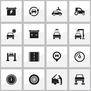 16 可编辑汽车图标集。包括如调谐自动蓄能器 汽车修理和更多的符号。可用于 Web 移动 Ui 和数据图表设计
