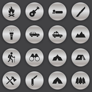 16 可编辑旅行图标集。包括战斧 帐篷 松树等符号。可用于 Web 移动 Ui 和数据图表设计