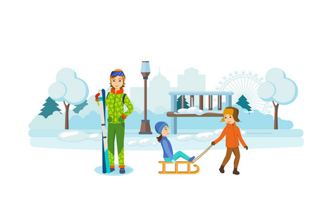 在冬季公园玩耍的孩子，女孩抱着滑雪设置
