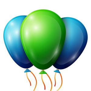 现实的绿色 蓝色气球用丝带白色背景上分离。闪亮的彩色光泽气球矢量图