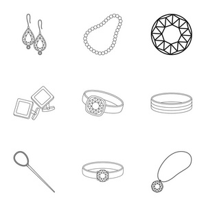 珠宝首饰和配件在大纲样式中设置图标。大集合的饰品及配件矢量符号股票图