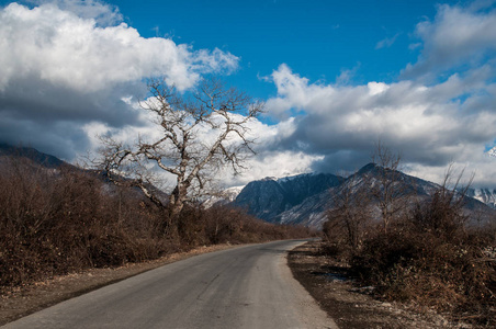 走进这座山的沥青道路景观穿过树木 村庄和森林的地方。或阿塞拜疆在日落时的农村地方