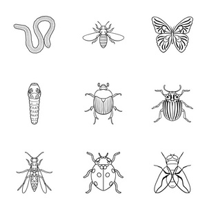 昆虫在大纲样式中设置图标。大集合的昆虫矢量符号股票图
