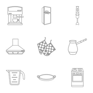 厨房在大纲样式中设置图标。厨房矢量符号股票插画的大集合