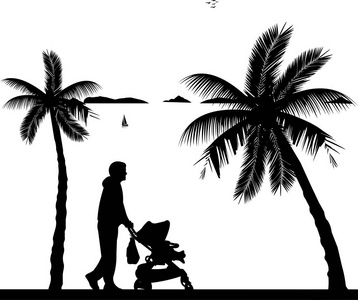 海滩上散步，与他在婴儿车中的孩子的父亲
