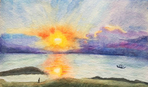 水彩手绘日落的时候在海滩上