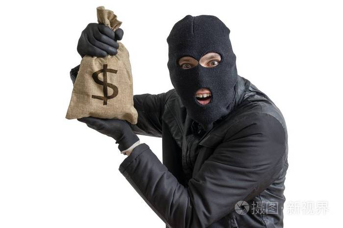 快乐的强盗显示丢失的袋子里装满了钱.白色背景上孤立