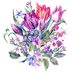 复古花朵水彩画花束，紫色郁金香