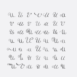 向量集的书法字母 U 手写着尖尖的笔尖，装饰着华丽和装饰元素。灰色黑色不完美字母序列上孤立。各种形状集合