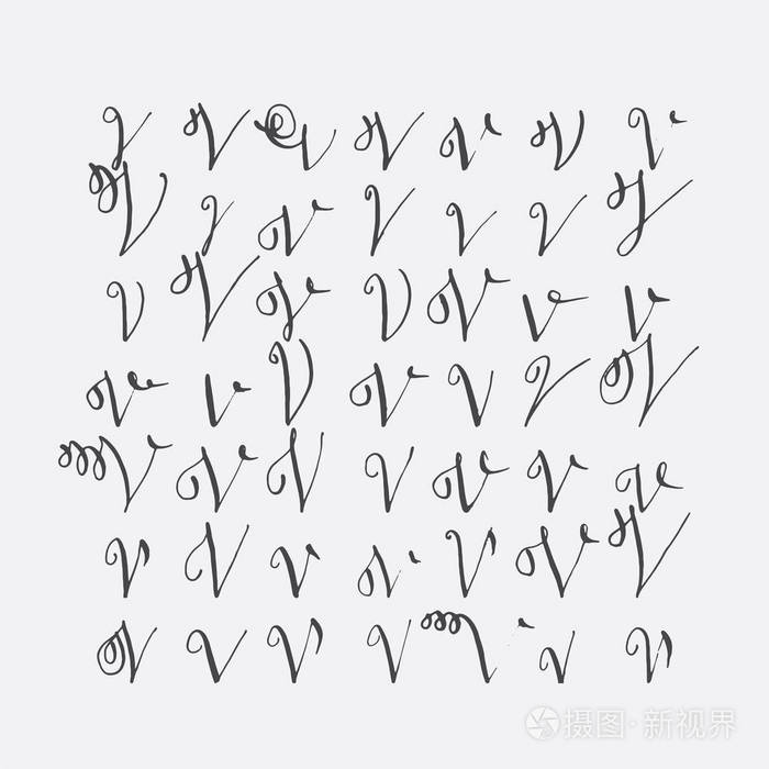 向量集的书法字母v手写与针对性的笔尖装饰着华丽和装饰元素灰色黑色
