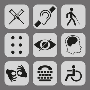 矢量禁用标志与聋，哑，哑，盲 盲文字体 精神疾病 低视力 轮椅图标。公共场所和 web 设计的强制性集合标志
