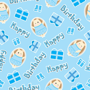 在蓝色背景上的可爱小刺猬和生日礼物生日无缝模式