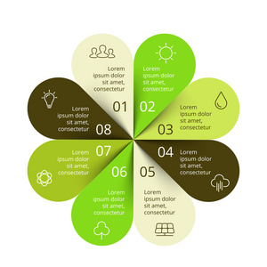 矢量圆圈箭头绿色叶子生态分布图。生态图 图 演示文稿 图表。有机的自然观与 8 选项 配件 步骤